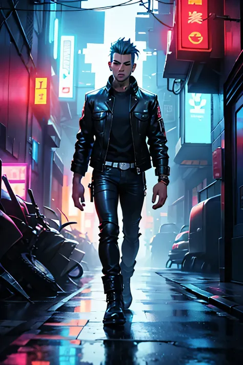 Young man 2, wearing leather pants and a denim jacket, walking on the street in the cyberpunk background, incredible visual effects, super detailed