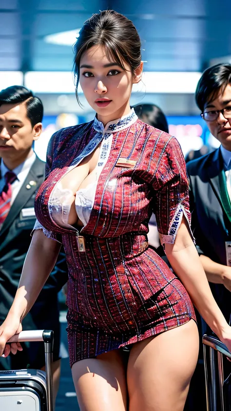 (best quality,4k,highres),ultra-detailed,realistic,cosplay, stewardess uniform, in the airport, (crowded:1.5), unbutton clothes, unbutton t-shirt, pattern batik mini skirt, skirt lift up, open legs,beautiful woman,(big breasts:1.5), show nipples detailed, ...