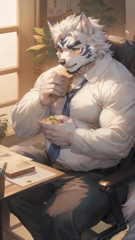 (By Empty Ghost, From thebigslick, By Dark Gem, Will chase), Keyuan Building (Onmyoji Daisenji Temple), High quality photos, Perfect anatomical structure, Anthropomorphic white wolf, male, 30 years old, (white wolf print), Thick eyebrows, short hair, Stron...