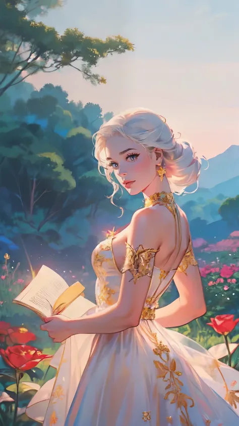 (fantasy, Princess Targaryen, bright day, in the garden, lots of flowers, a girl with white hair, in a red dress embroidered with gold threads of rubies and diamonds, with open shoulders, looks like Jessie Mae Lee, on the background of a castle, HD