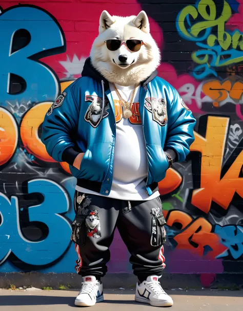 photorealistic portrait of Dressed animals - a ((fat)) (white wolf) hip hop dancer,(hands on hips:1.5), high quality,(lovely) ,intricate details, highly detailed ((hip hop fashion)) ,(wearing sunglasses:2.0), (cap, pants, sneakers),(wearing a jacket and ho...