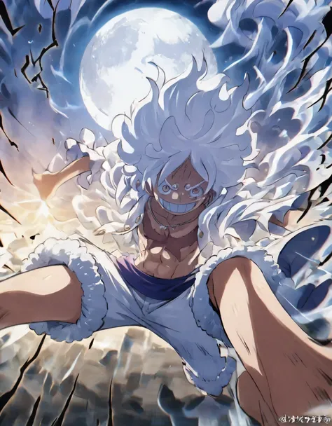 masterpiece、luffy, white hair,  white clothes, pony tail, strong smile, ((full moon)), night, dynamic style