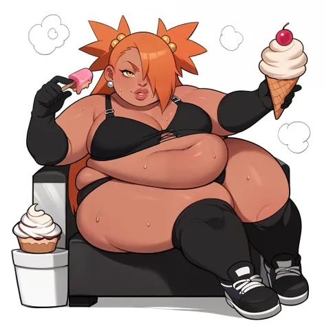 score_9, score_8_up, score_7_up, score_6_up, score_5_up, score_4_up, source_anime, rating_safe, BREAK chouchou akimichi,1girl,dark-skinned female,curvy,fat, obese, big belly, orange hair,hair over one eye,two side up,long hair,yellow eyes,hair bobbles,jewe...