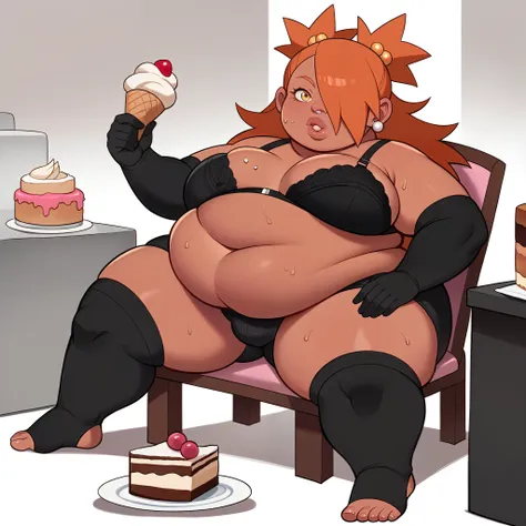 score_9, score_8_up, score_7_up, score_6_up, score_5_up, score_4_up, source_anime, rating_safe, BREAK chouchou akimichi,1girl,dark-skinned female,curvy,fat, obese, big belly, orange hair,hair over one eye,two side up,long hair,yellow eyes,hair bobbles,jewe...