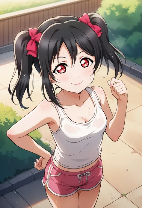 masterpiece, best quality,8k wallpaper , cowboy shot, love live art style, from above,yazawa nico love live, black hair, medium twintails, (red eyes), standing,pink hot shorts, white tank top, outdoors ,skin tight clothes, sweating, cleavage, small breasts...