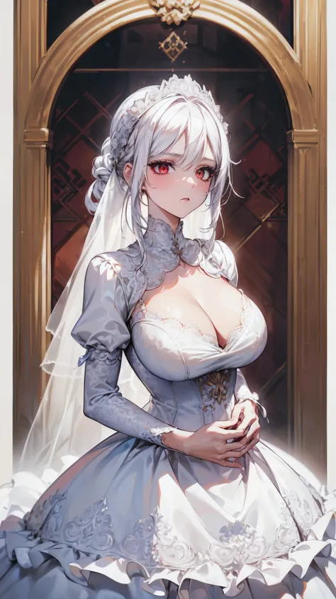 (best quality:1.3), Masterpiece, Highly detailed, symmetrical eyes, girl, (French style banquet hall background:1.3), 8K resolution, Masterpiece, (white hair:1.3), (White eyeshadow), (red eyes:1.3), (Middle chest:1.3),  (prudent:1.3), (charming:1.3), (big ...