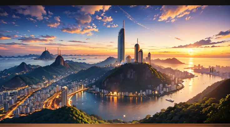 Corcovado mountain in Rio de Janeiro, Brazil, rendered in Renaissance style，Overlooking the entire city in the glow of sunset，Show the harmony between religion and nature。