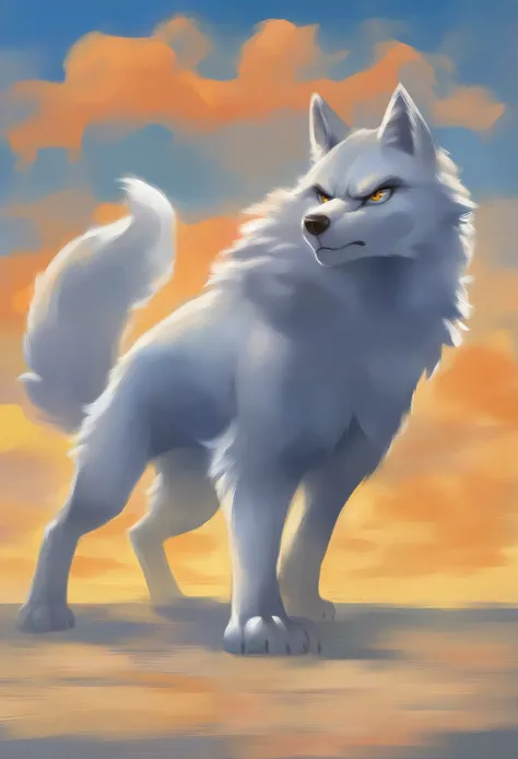 score_9, score_8_up, score_7_up, white wolf, angry, determined. lonely wolf, Jabstyle, source_cartoon, wlflnk, White wolf, huge animal, white fur, animal focus, official style, perfect anatomy, perfect face, full body shot, dynamic pose, outside, day, clou...