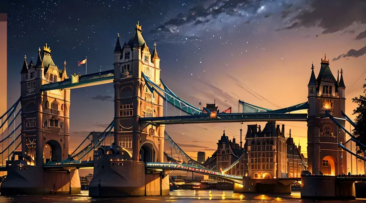 Renaissance style representation of Tower Bridge in London, England，The lights on the bridge flicker as night falls，The Thames sparkles in the background，Show the vitality of the city。