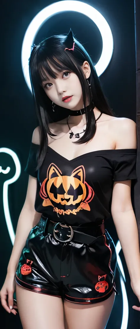 Cool Nightmare Idol Girl、whole body、Good style、、、、、、、、、、Thick legs、、Black cat print shirt（Off the shoulder）、Shiny Red Shorts、Cool girl face、、、、Glowing ghost、Neon Halloween、Dark Belt、