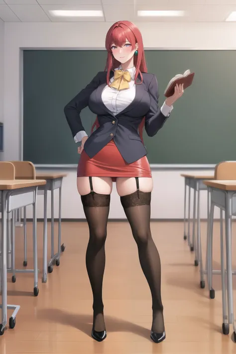 full body backview pov, background classroom (high quality:1.2), intricate detailed, Digital art, takashirohiroko, 1 girl, mature woman, Alone, hand on hip, holding the book, cowboy shot,  blush, purple eyes, by the wide, Red hair, black thighhighs, earrin...