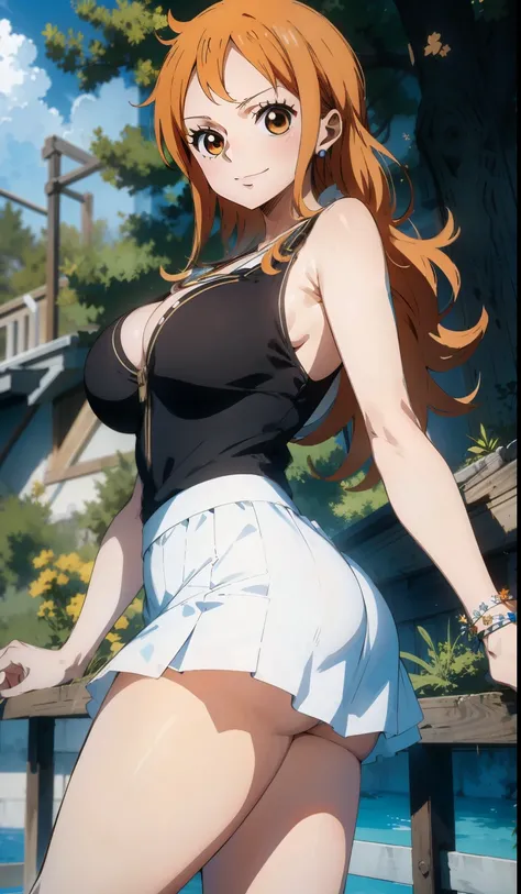 nami from one piece, BEGGING TO BE FUCKED, LEWD, NICE TITS, Outdoors, ((wearing MINI SKIRT and showing PERFECT ASS)), FOCUS ON CLEVAGE, WEARING SKIRT, ((View from FRONT)), good anatomy, masterpiece, best quality, 4k, 8k, professional photography, soft ligh...