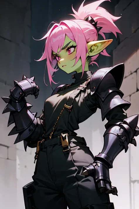 Goblin Girl, Tinkerer, Mechanic, Green Skin, Short Height, Pink Hair, Spiky Hair, Spiky Ponytail, Pink Eyes, Black Overalls, Black Tank Top, Black Armored Gauntlets, (Electric Magic Around Gauntlets:1.5)