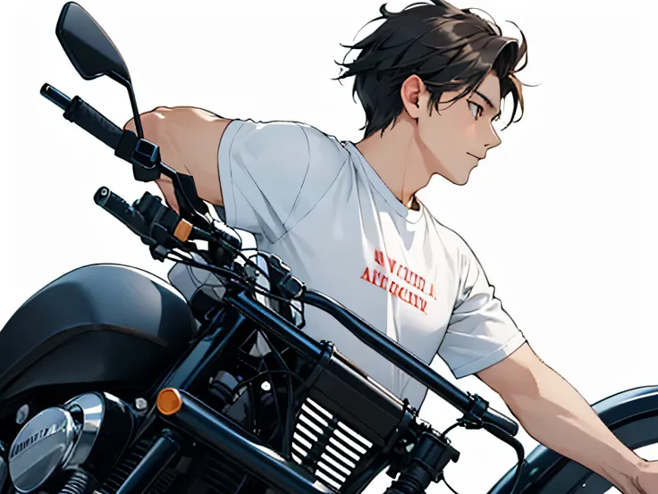 Muscular man driving a motorcycle，side，Blank Background，Wear this T-shirt，