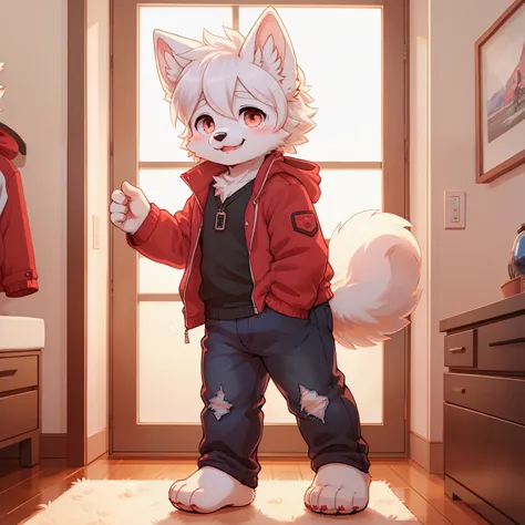 Portrait of a cute smiling Samoyed with pointed hair standing up, shota, blush, Red Jacket, jeans, bare foot,