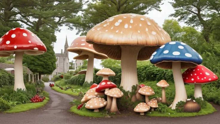 giant mushrooms made from pastry, fruit, in mysterious forres