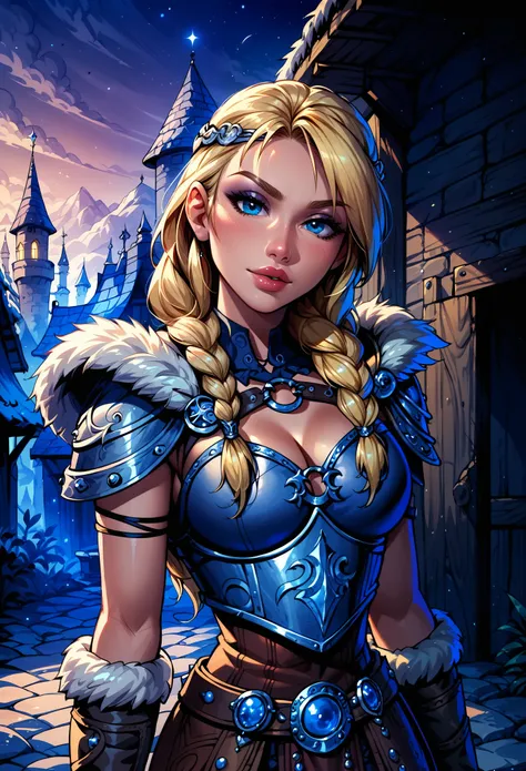 Dark Fantasy Art of score_9, score_8_up, score_7_up, rating_questionable, fantasy, lighting, epiCPhoto 1girl, solo, very sexy (ASTRIDHOFFERSON, blonde hair, braid, Long hair, blue eyes, fur trim, shoulder armor, armor, pauldron:1.2), cleavage, flirt, gaze,...