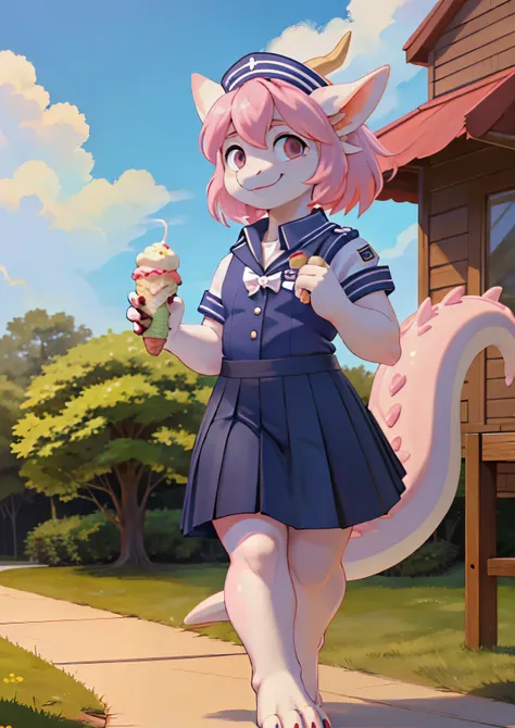 One girl, High resolution, Highest quality,Dragon Beastman,Baby Face,Sailor suit,Pleated skirt,Holding one ice cream in both hands,smile,walk,Pink Panties