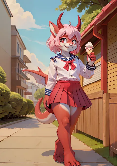 One girl, High resolution, Highest quality,Red Dragon Beastman,Baby Face,Sailor suit,Pleated skirt,Holding one ice cream in both hands,smile,walk,Pink Panties