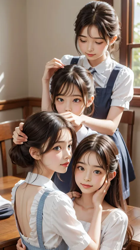 Two girls help the maid and maid woman comb her hair The noble woman smiles happily, the maid cousin maid does everything with love and devotion, the maid takes care of the male master with great pleasure,