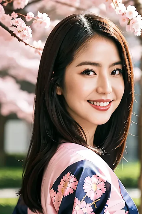 (A geisha stands gracefully under the cherry blossoms, Look back and smile: 1.37), Pink cherry blossom petals scattered々And then they&#39;re scattered, (whole body)
The base makeup of the face has no highlight or shadow decoration.. Foundation is applied t...