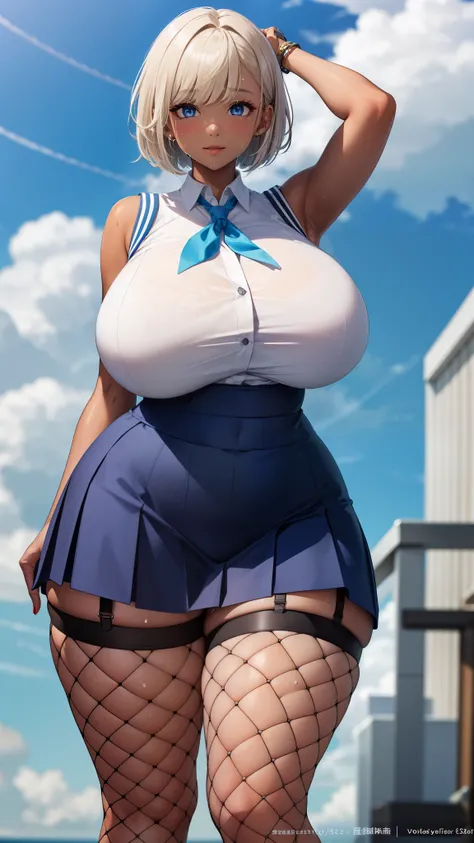 ((8k,Highest quality、Very tall、12th class、Voluptuous schoolgirl))、(gigantic tits，Thick thighs、Big Hips、Very long legs、Short Hair、arm up:1.3)、Blonde、blue eyes、(Dark Skin、Sweaty:1.3)、(happy smile:0.75)、Sleeveless sailor suit、Dark blue slit mini skirt、Fishnet...