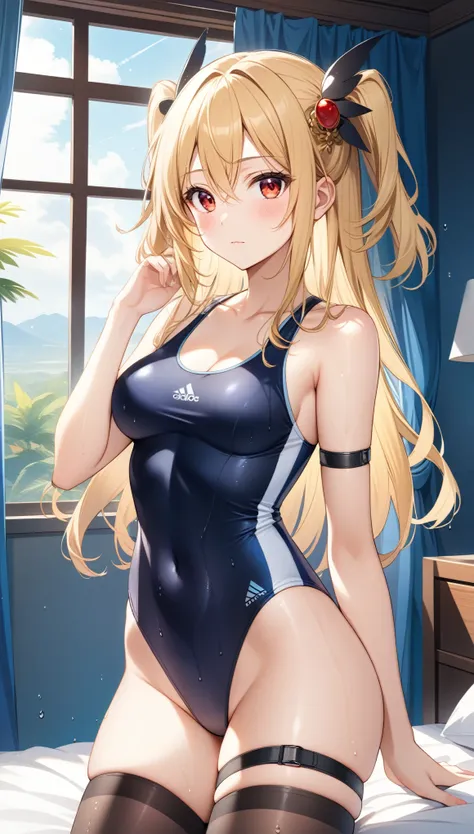 konjiki no yami, 1girl, solo, long hair, looking at viewer, blush, blonde hair, hair ornament, red eyes, hair between eyes, closed mouth, bare shoulders, collarbone, sidelocks, thighs, medium breasts, indoors, black thighhighs, hand up, two side up, wet, w...