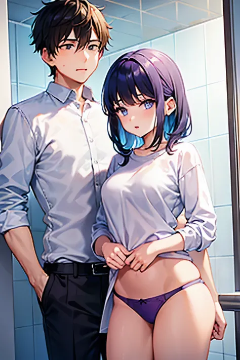 a boy and a girl in a shower room, wearing a white long sleeve shirt and purple thong,