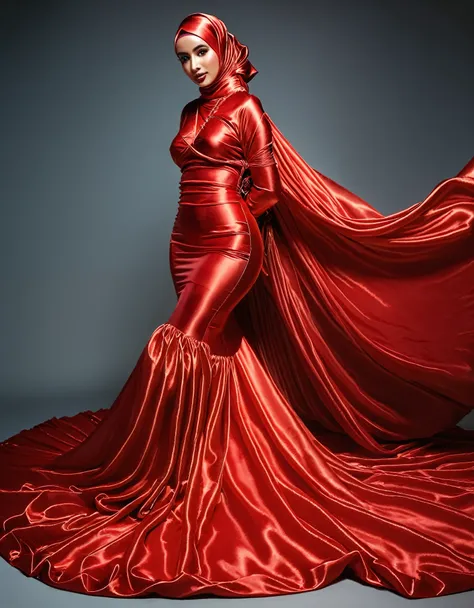 a woman shrouded in a 9-meter-long, plush redtransparent satin shimmer cloth, tightly bound and grandly draping along the form o...