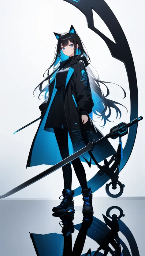 A dark, futuristic, silhouetted figure of a girl with cat ears and a long, flowing coat, holding a massive scythe with a mechanical cat integrated into the blade, standing on a reflective surface with a minimalist, light gray background. --ar 4:3 --stylize...