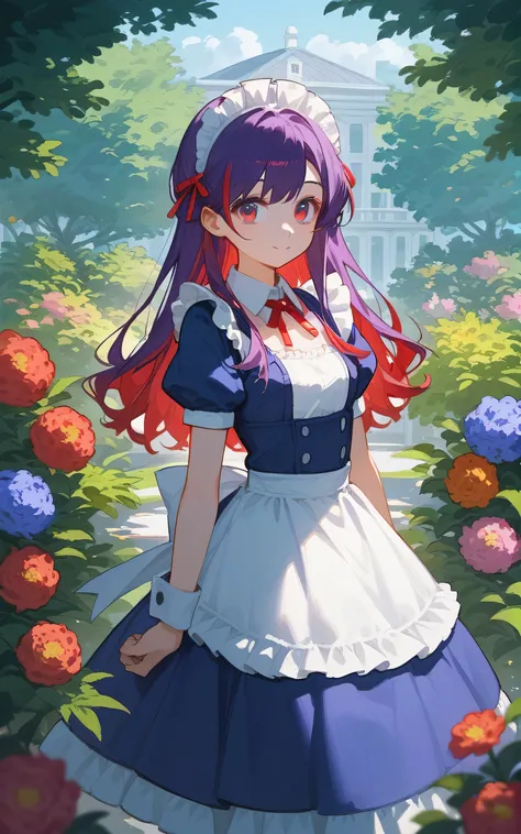 Purple Hair，Red highlights，Long hair，anime girl in a blue dress standing in a garden, Anime cute art style, Anime visual image of a cute girl, Change in dress, Anime girl in maid costume, Cute anime girl in a beautiful skirt, Change, return, Beautiful anim...