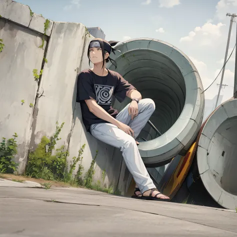 there is a man sitting on a concrete pipe on the side of the road, with a cool pose, mid shot portrait, very artistic pose, casual photography, random artist, low perspective, assamese aesthetic, on the concrete ground, potrait, very cool pose, photo portr...