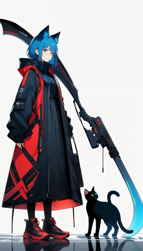 A dark, futuristic, silhouetted figure of a girl with cat ears and a long, flowing coat, holding a massive scythe with a mechanical cat integrated into the blade, standing on a reflective surface with a minimalist, light gray background. --ar 4:3 --stylize...