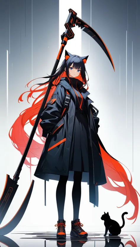 A dark, futuristic, silhouetted figure of a girl with cat ears and a long, flowing coat, holding a massive scythe with a mechanical cat integrated into the blade, standing on a reflective surface with a minimalist, light gray background. --ar 4:3 --stylize...