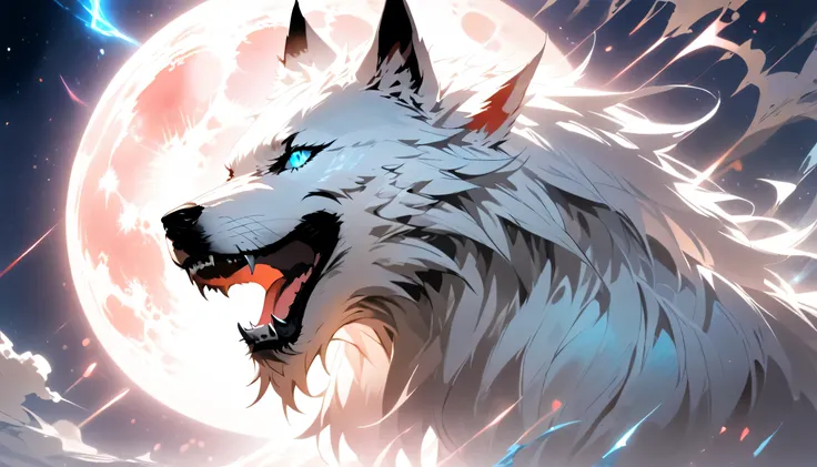 fantasy art, RPG art, a head shot of a howling white wolf at the night, starry night background full red moon, glowing blue eyes, sense of might, dread, 