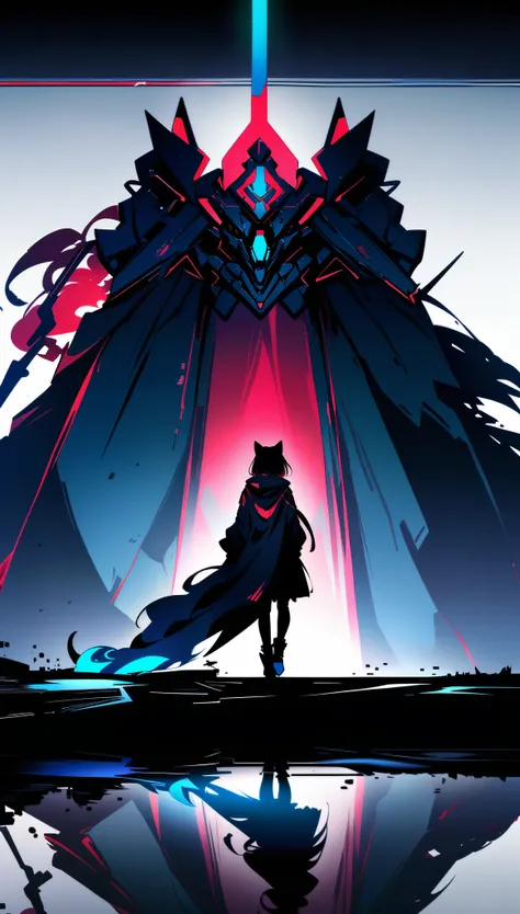 A dark, futuristic, silhouetted figure of a girl with cat ears and a long, flowing coat, holding a massive scythe with a mechanical cat integrated into the blade, standing on a reflective surface with a minimalist, light gray background. --ar 4:3 --stylize...