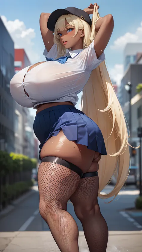 ((8k,Highest quality、from side、Very tall、12th class、Voluptuous schoolgirl))、(gigantic tits，Thick thighs、Big Hips、Very long legs、Short Hair、arm up:1.3)、Blonde、blue eyes、(Dark Skin、Sweaty:1.3)、(happy smile:0.75)、Navy Blue Skirt、Fishnet tights、Belly button、Ga...