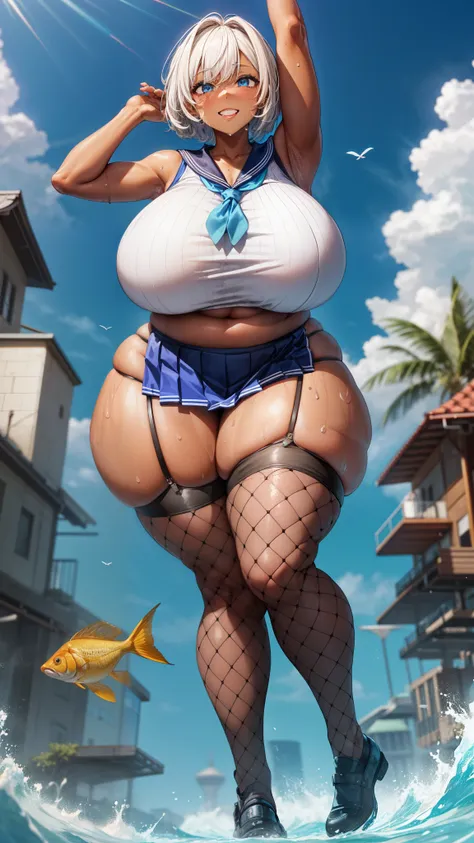 ((8k,highest quality、very tall、12th class、voluptuous schoolgirl))、(gigantic tits，thick thighs、big hips、very long legs、short hair...