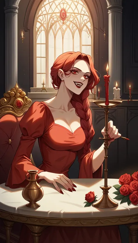 Woman1,alone,vampire,palace background,dining room,renaissance,red hair,long braid over shoulder,vampire,bardot dress,red dress,sitting at table,blood dishes,tableware,candlestick,red candles,at night,vampire teeth,vanity features,lots of vanity,vase of re...