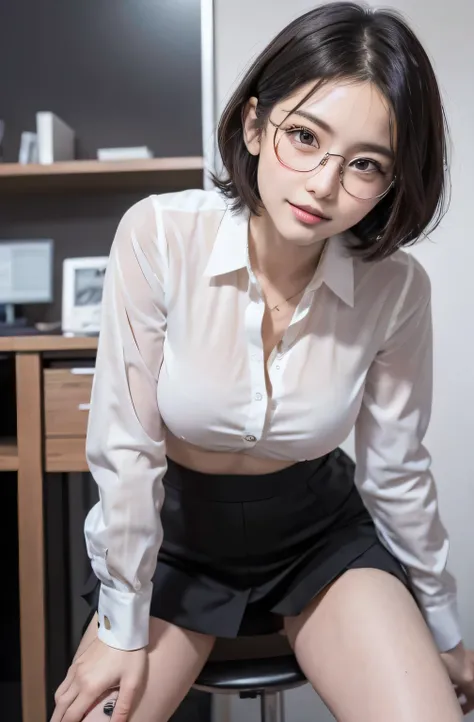 (((1curly short hair girl:1.3, alone))), very beautiful、a japanese woman wearing nice glasses, centered images:1.3,  (attractive...