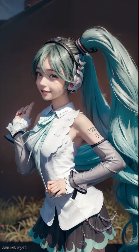 (Hatsune Miku character), Shiny light green hair, Long hair and ponytail, Take in the scenery, I can see, smile (big smile)、 whole body, 2 Girls, Perfect body, Perfect Anatomy, double eyelids, Moderate bust, Highly detailed skin texture,(Photorealistic Ski...