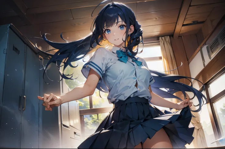 Masterpiece, ultra-definition, 8K portrait, raw photo, portrait photo, high-definition face, beautiful and detailed eyes, ((fantasy)), (dark blue hair: 1.5), ahoge, blue and yellow two bow ties, beautiful high school girl, short sleeve shirt, (gray color p...