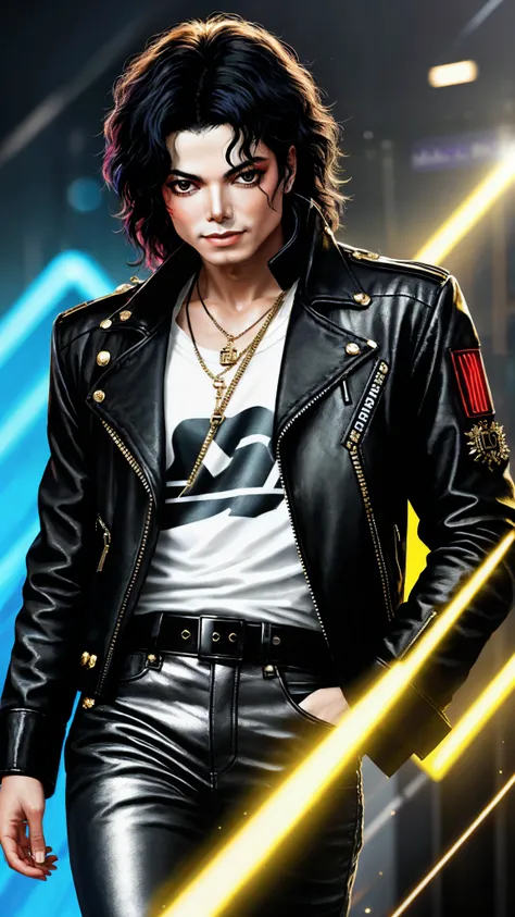 a painting of a Michael Jackson, background, style Cyberpunk 2077, band of gold round his breasts
