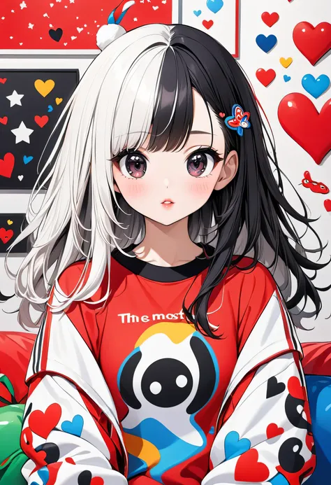 Ultra-realism Black Star Red and White style, Simple Line Initialism，Abstract art，(((The most beautiful girl of all time))), Sweet face. Lips in love, colorful hearts, stylish design, sports fashion, Dark Eyes, (((Holiday Room))), (((Cute amoeba)))