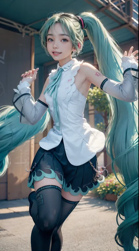 (Hatsune Miku character), Shiny light green hair, Long hair and ponytail, Take in the scenery, I can see, smile (big smile)、 whole body, 2 Girls, Perfect body, Perfect Anatomy, double eyelids, Moderate bust, Highly detailed skin texture,(Photorealistic Ski...