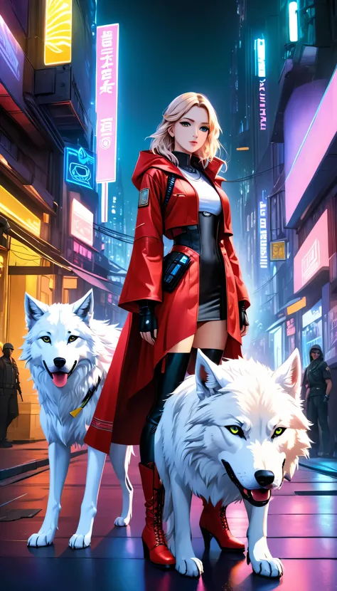 fantasy art, RPG art, ultra wide shot, RAW, photorealistic, a picture of female human ranger and her (white: 1.4) wolf pet, the ranger, an exquisite beautiful human woman, long blond hair, braided hair, green eyes, wearing leather dress, wearing (red cloak...