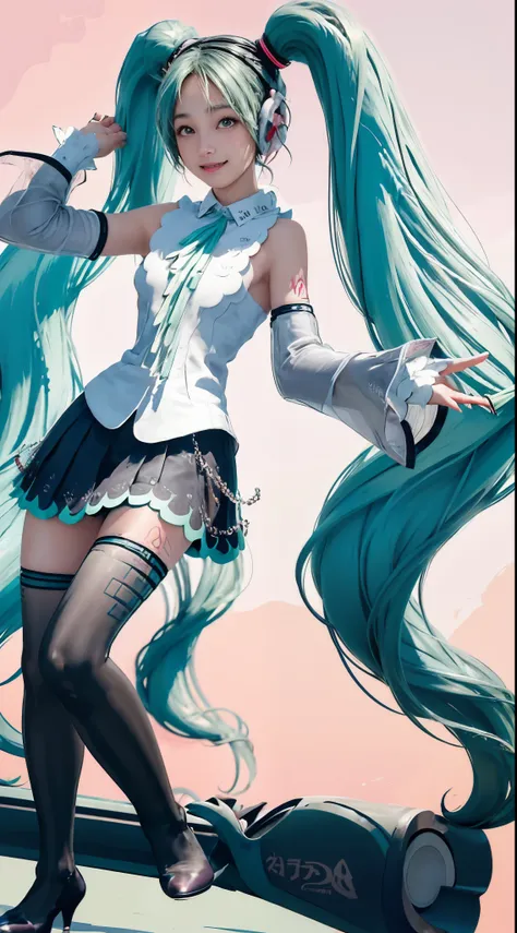 (Hatsune Miku character), Shiny light green hair, Long hair and ponytail, Take in the scenery, I can see, smile (big smile)、 whole body, 2 Girls, Perfect body, Perfect Anatomy, double eyelids, Moderate bust, Highly detailed skin texture,(Photorealistic Ski...