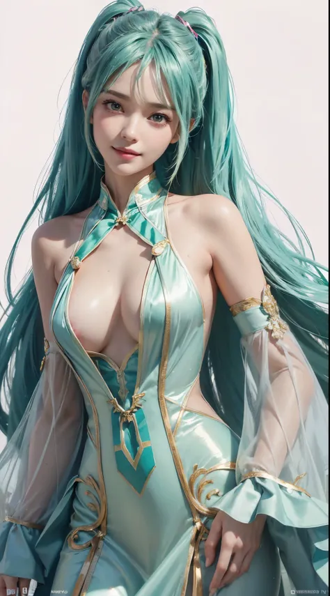 (Hatsune Miku character), Shiny light green hair, Long hair and ponytail, Take in the scenery, I can see, smile (big smile)、 whole body, 2 Girls, Perfect body, Perfect Anatomy, double eyelids, Moderate bust, Highly detailed skin texture,(Photorealistic Ski...