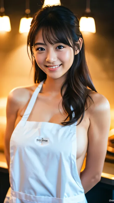 one girl,long hair,smile, ((apron)),(kitchen) 、raw photos, (photorealistic:1.37, realistic), 8k wallpapers incorporating high-de...