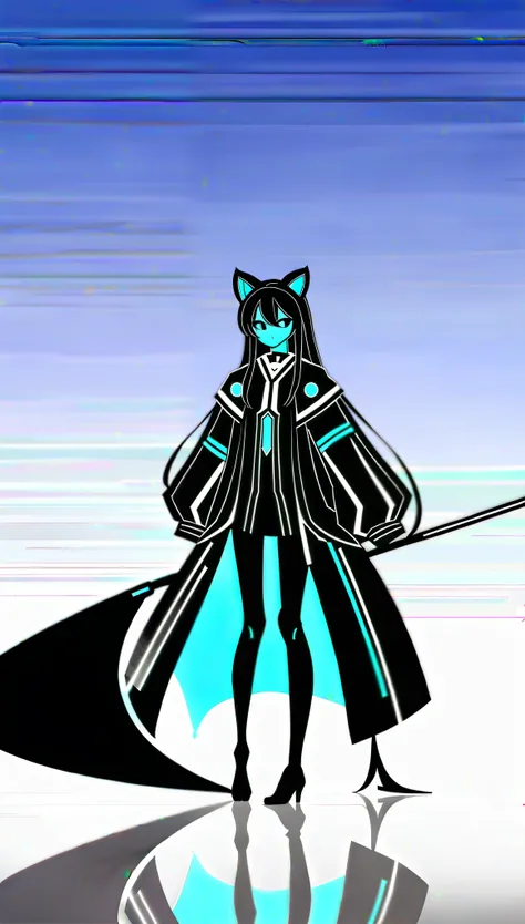 A dark, futuristic, silhouetted figure of a girl with cat ears and a long, flowing coat, holding a massive scythe with a mechanical cat integrated into the blade, standing on a reflective surface with a minimalist, light gray background. --ar 4:3 --stylize...